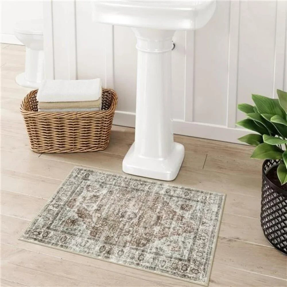 Boho farmhouse bathroom rug khaki bath mat non slip washable vintage oriental 18